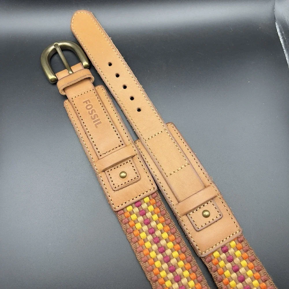 FOSSIL Multicolor Weave Braid Tapestry w Leather Belt Womens BOHO ~ Size S 37.5